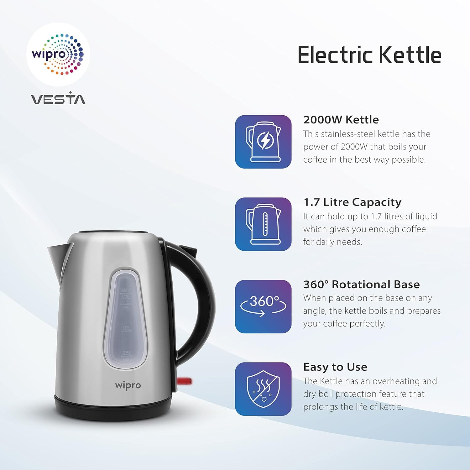 Wipro Vesta 1.7 Ltr Electric Kettle??(1.7 L, Black) - Image 3