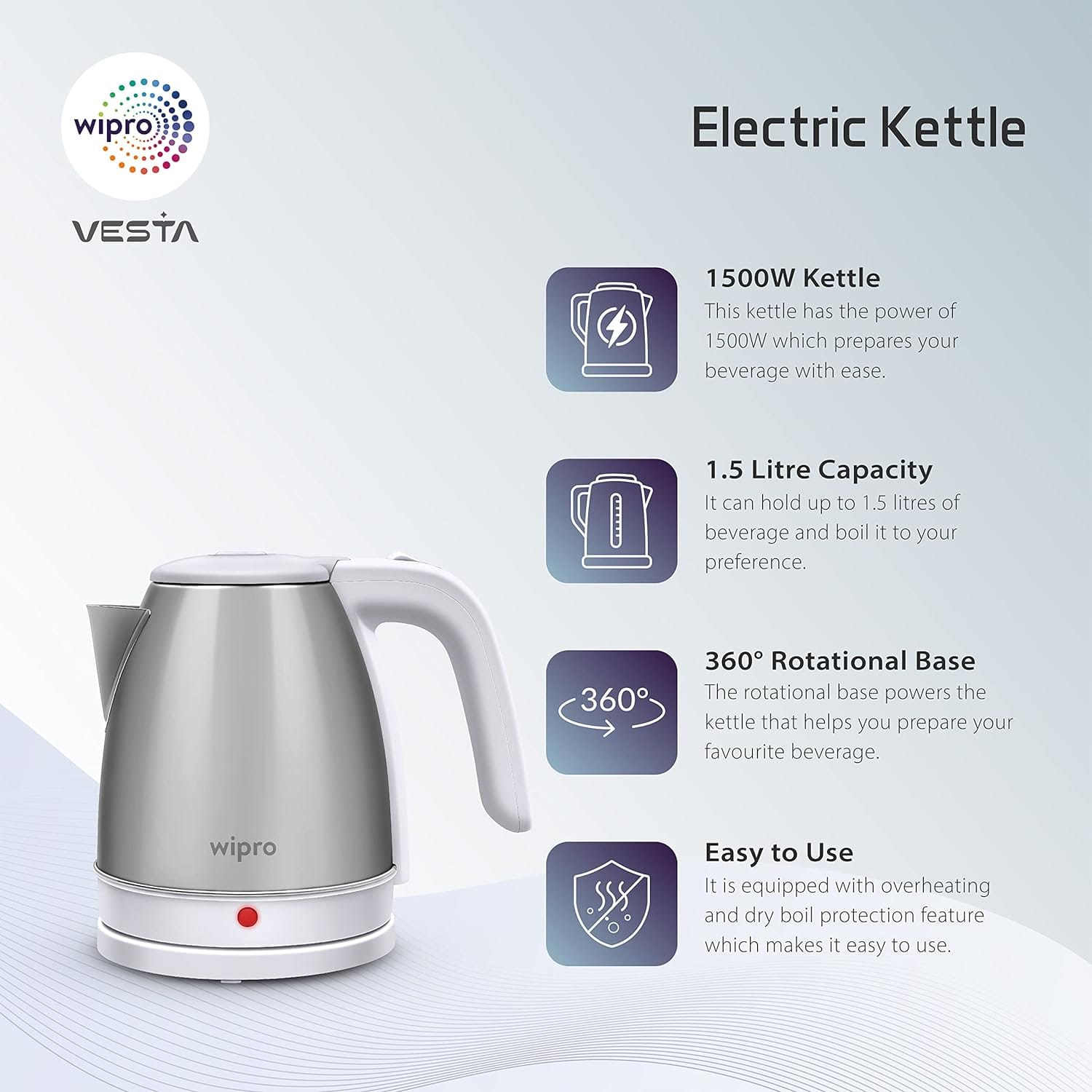 Wipro Vesta 1.5 Ltr Electric Kettle??(1.5 L, White) - Image 2