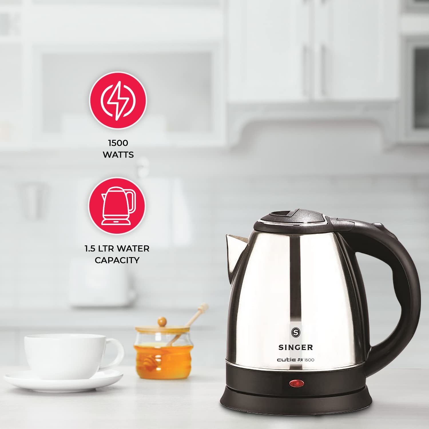 Singer Cutie DX Electric Kettle 1.5 Liter Stainless Steel, 1500 Watts Electric Kettle??(1.5 L, Black, Silver) - Image 3