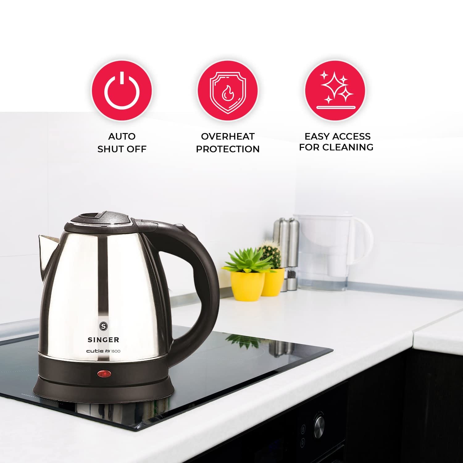 Singer Cutie DX Electric Kettle 1.5 Liter Stainless Steel, 1500 Watts Electric Kettle??(1.5 L, Black, Silver) - Image 2