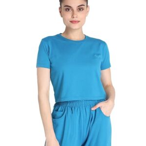 Blue Half Sleeve Round Neck Crop Top