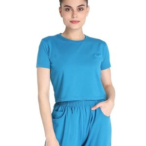 Blue Half Sleeve Round Neck Crop Top