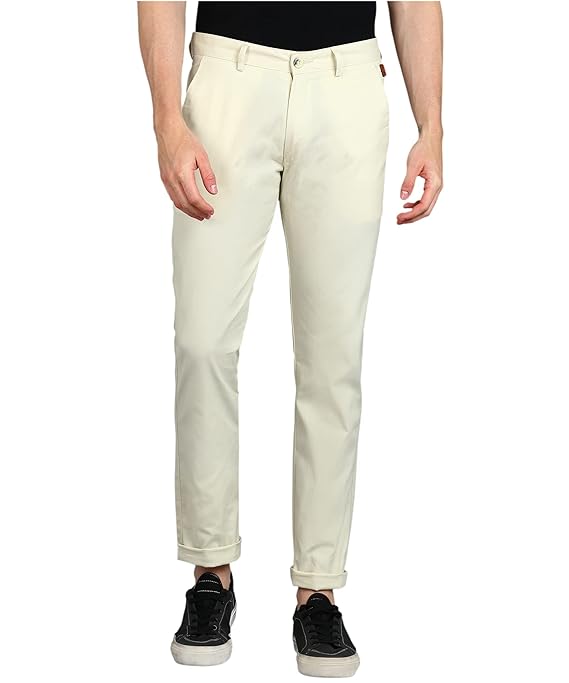 Cream Men's Cotton Slim Fit Casual Trousers