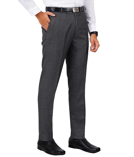 Grey Men's Solid Formal Regular Fit Trousers
