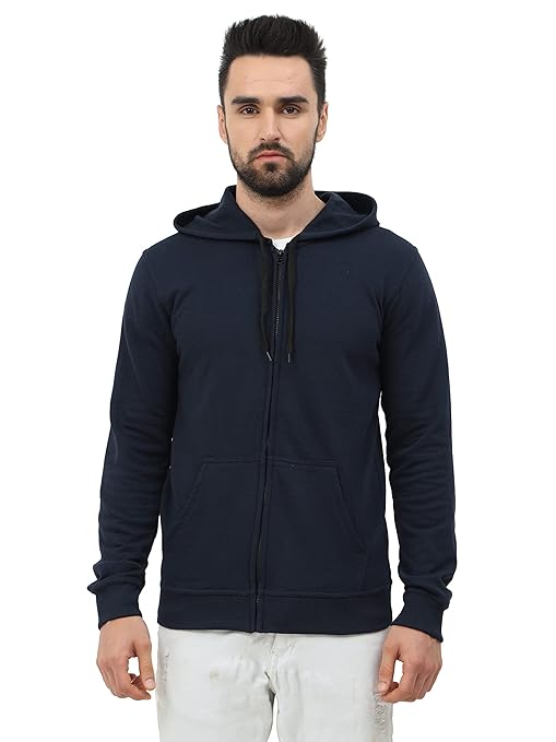 Men's Cotton Plain Navy Blue Hooded