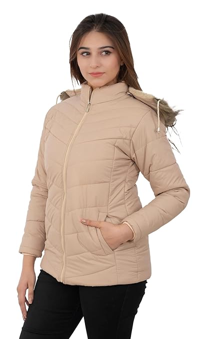 Women Hooded Collar Beige Jacket - Image 3
