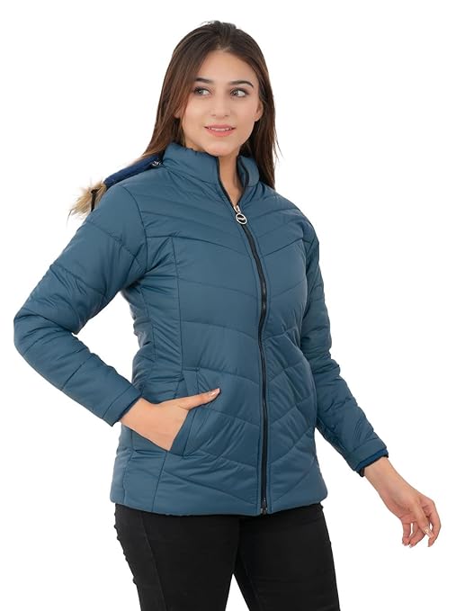 Women Hooded Collar Navy Blue Jacket - Image 3