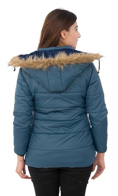 Women Hooded Collar Navy Blue Jacket - Image 2