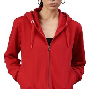 Women Solid Cotton Red Hooded