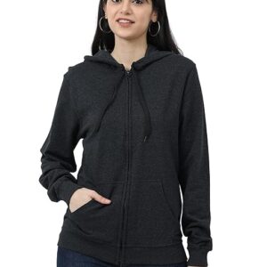 Women Cotton Plain Charcoal Melange Hooded