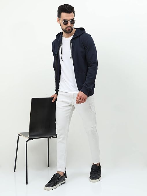 Men's Cotton Plain Navy Blue Hooded - Image 3