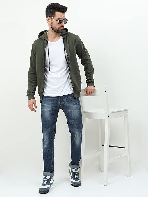 Men's Cotton Plain Olive Green Hooded - Image 3