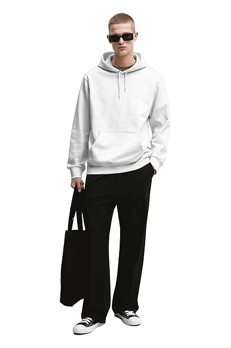 Mens Cotton Fleece Plain White Hoodie - Image 3