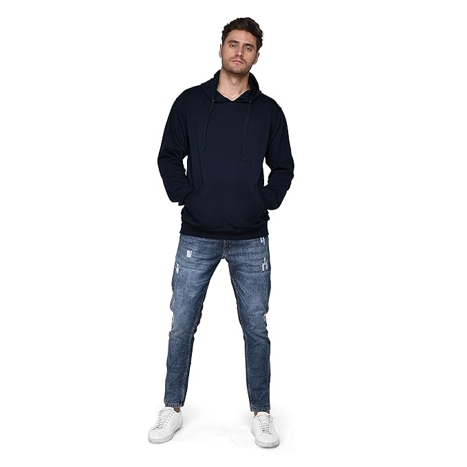 Men Plain Solid Navy Blue Hoodie - Image 3