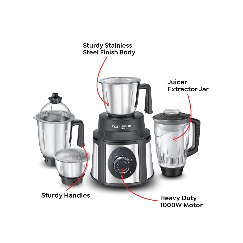 Prestige Endura 1000 Juicer Mixer Grinder (4 Jars, Black with Silver) - Image 2