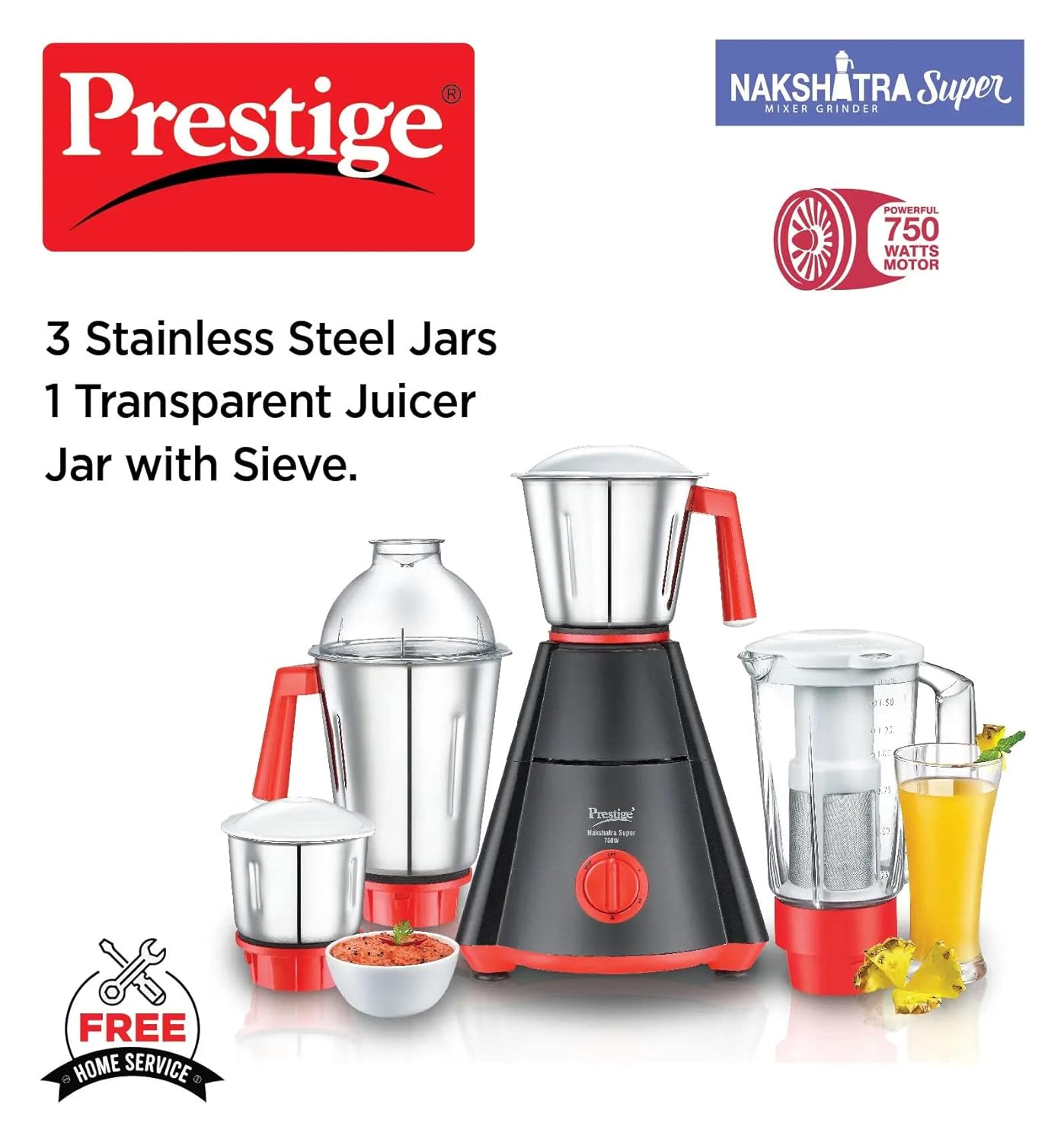 Prestige Nakshatra Super 4 Jars (1500 ml, 1500 ml, 1000 ml, 300 ml) (Black, Red) 750 Juicer Mixer Grinder (4 Jars, Black with Red) - Image 3