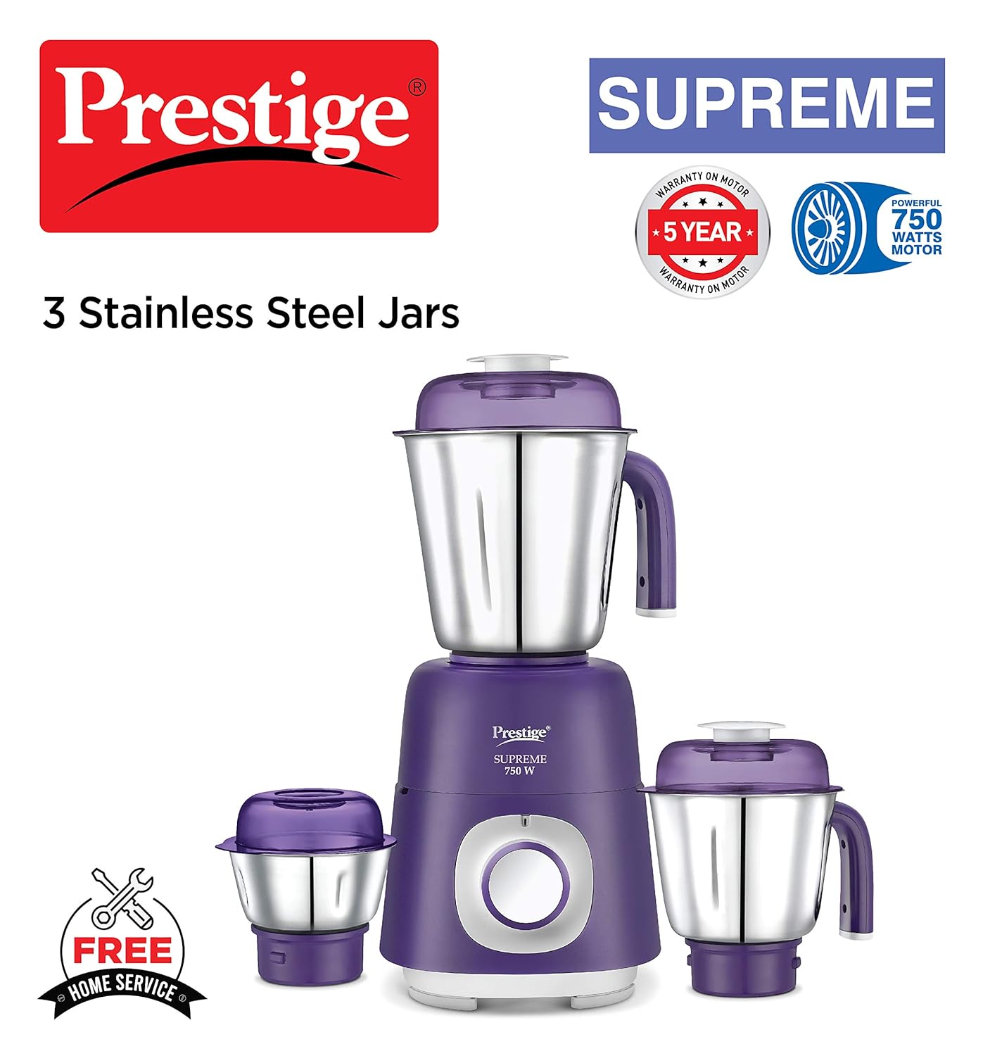 Prestige SUPREME 750 W Mixer Grinder, 3 Jars (1500 ml, 1200 ml, 450 ml) 750 Juicer Mixer Grinder (3 Jars, Violet) - Image 3