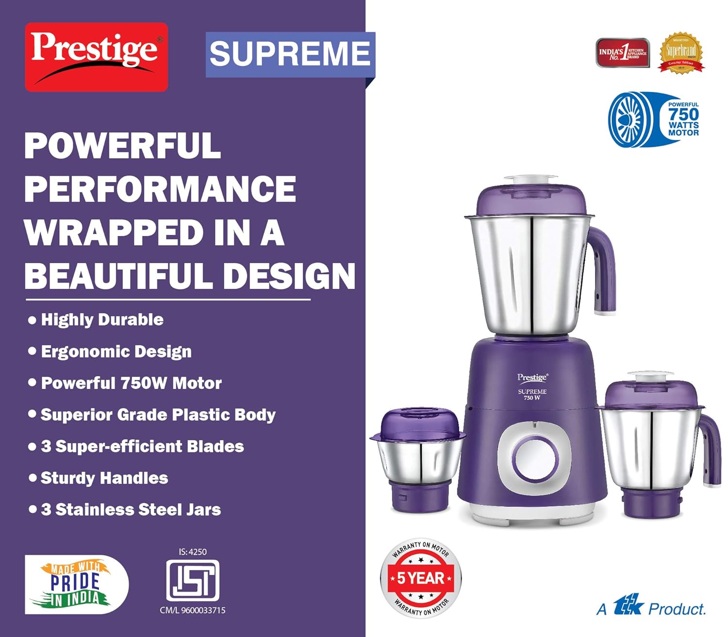 Prestige SUPREME 750 W Mixer Grinder, 3 Jars (1500 ml, 1200 ml, 450 ml) 750 Juicer Mixer Grinder (3 Jars, Violet) - Image 2