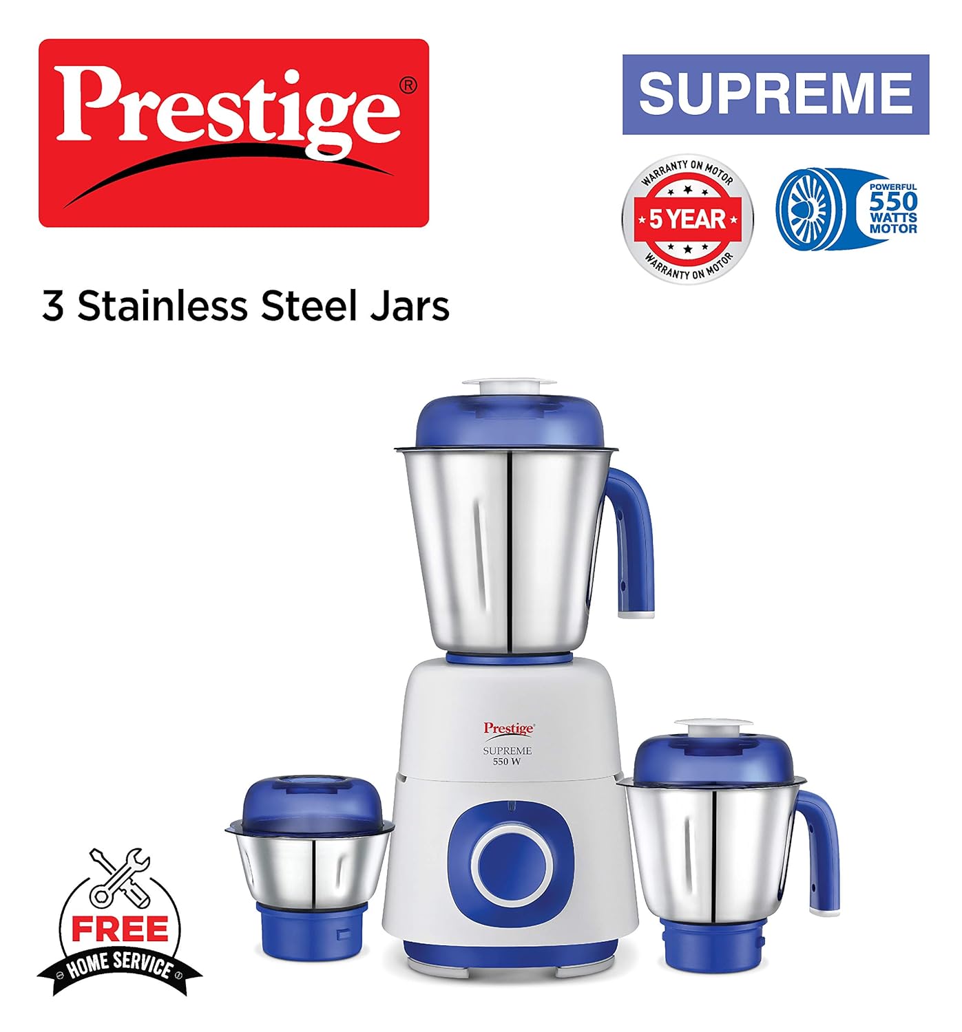 Prestige SUPREME 550 W Mixer Grinder, 3 Jars (1500 ml, 1200 ml, 450 ml) 550 Juicer Mixer Grinder (3 Jars, Blue & Silver) - Image 3
