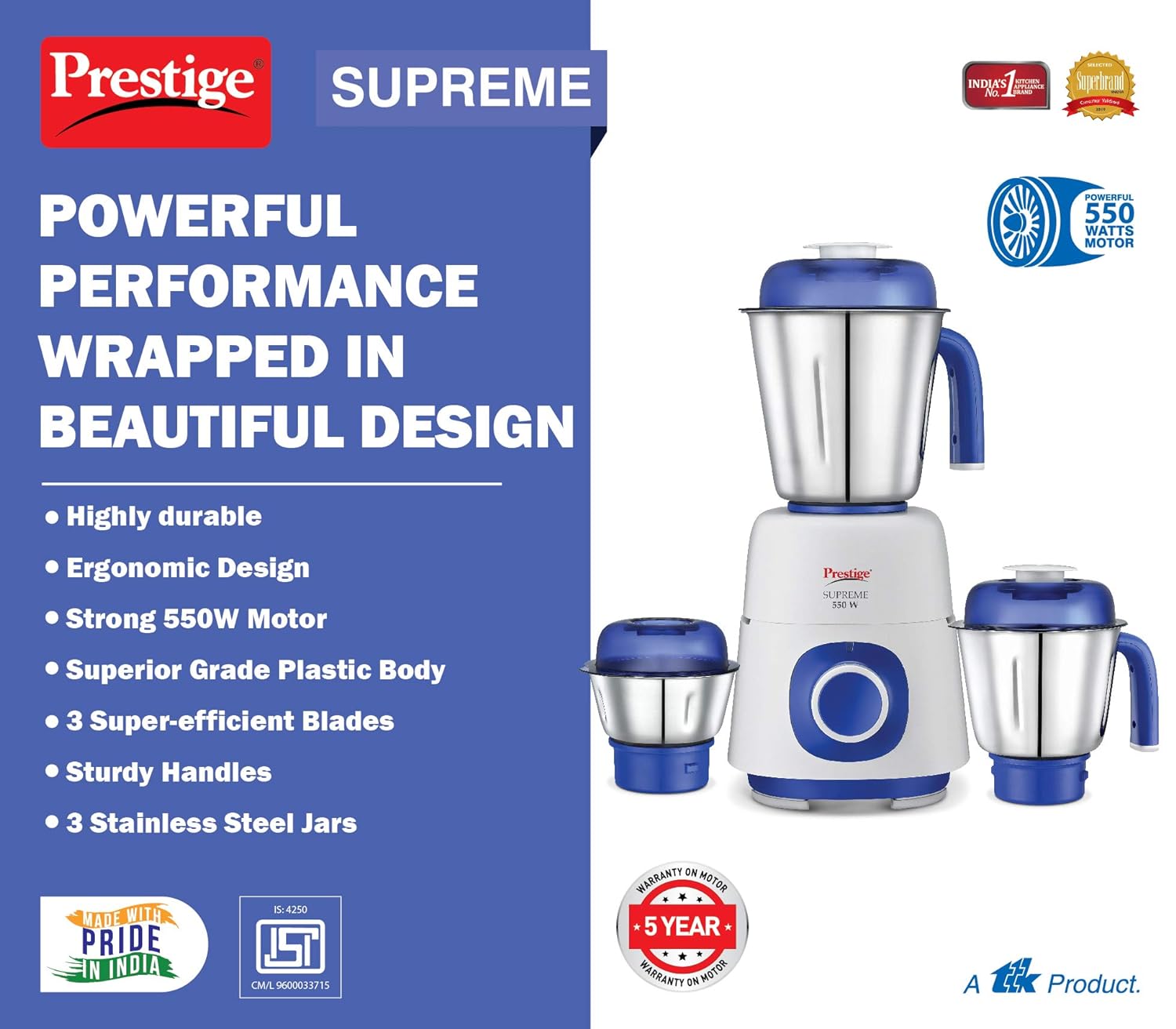 Prestige SUPREME 550 W Mixer Grinder, 3 Jars (1500 ml, 1200 ml, 450 ml) 550 Juicer Mixer Grinder (3 Jars, Blue & Silver) - Image 2