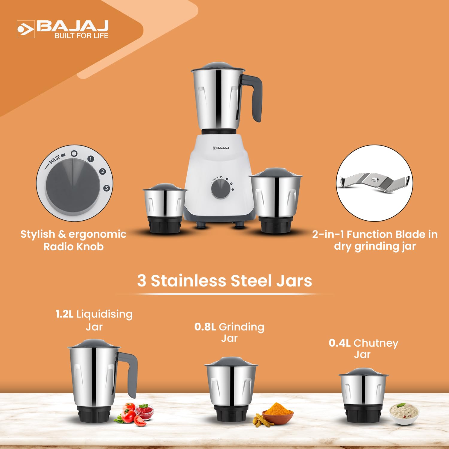 Bajaj 410579 3 500 W Juicer Mixer Grinder (3 Jars, white/grey) - Image 2