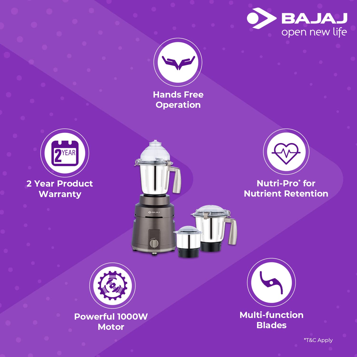Bajaj 410540 Herculo 1000 Juicer Mixer Grinder (3 Jars, Coffee Brown & Gold) - Image 2