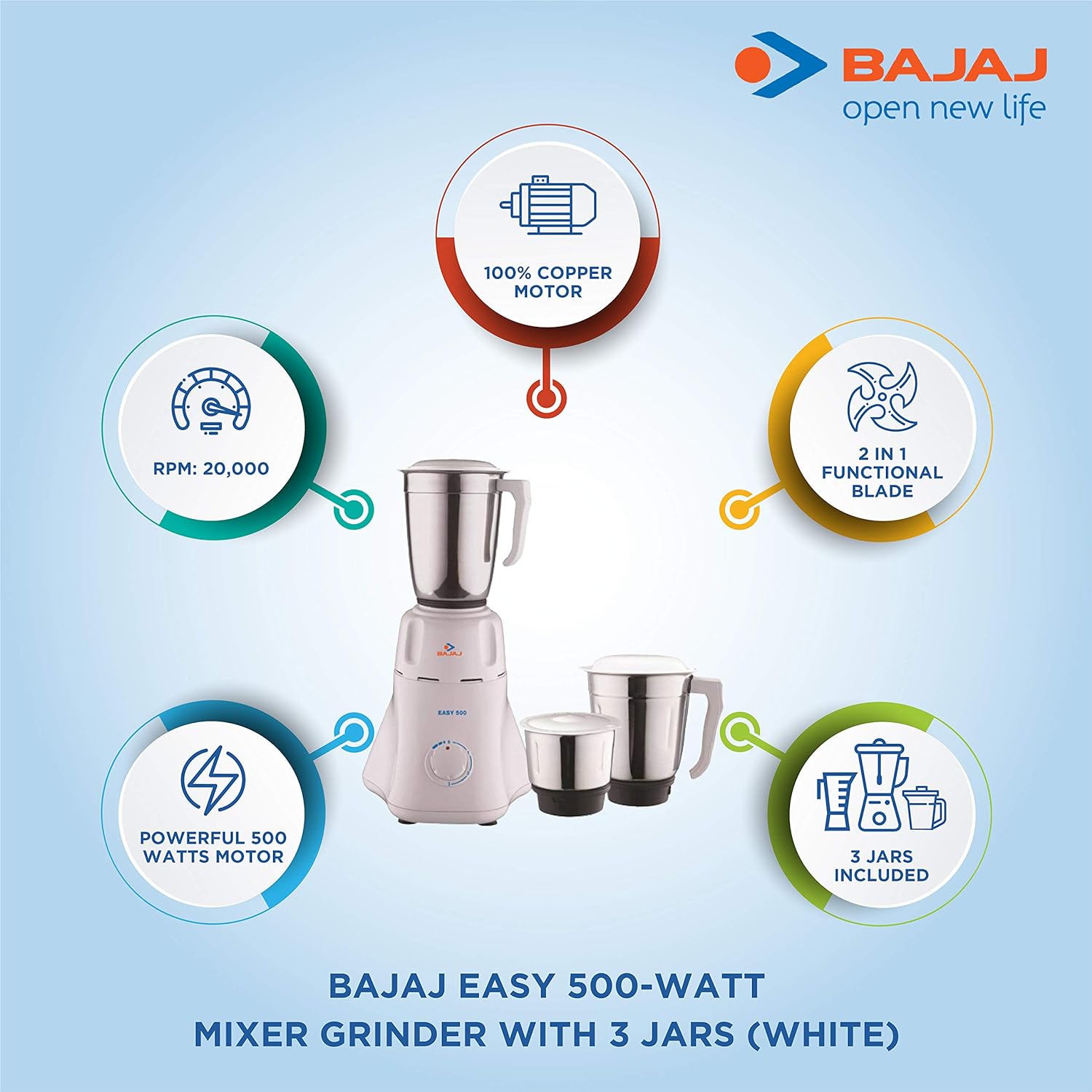 Bajaj Easy New Modal Watt 500 Mixer Grinder (3 Jars, White) - Image 3