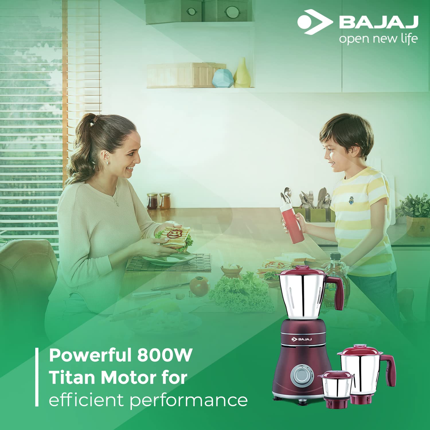 Bajaj Ivora Titan Motor Watt 800 Mixer Grinder (3 Jars, Crimson Red) - Image 2