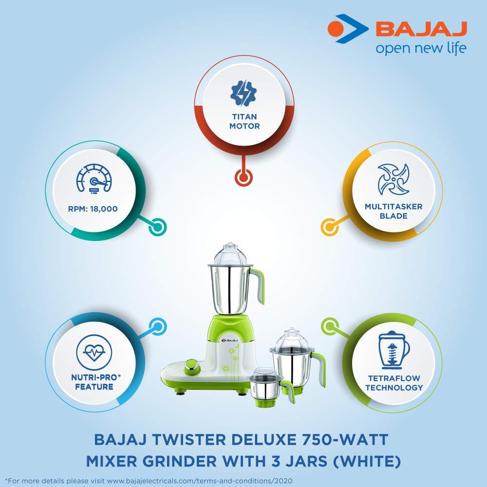 Bajaj Twister Deluxe 750 Mixer Grinder (3 Jars, White, Green) - Image 3