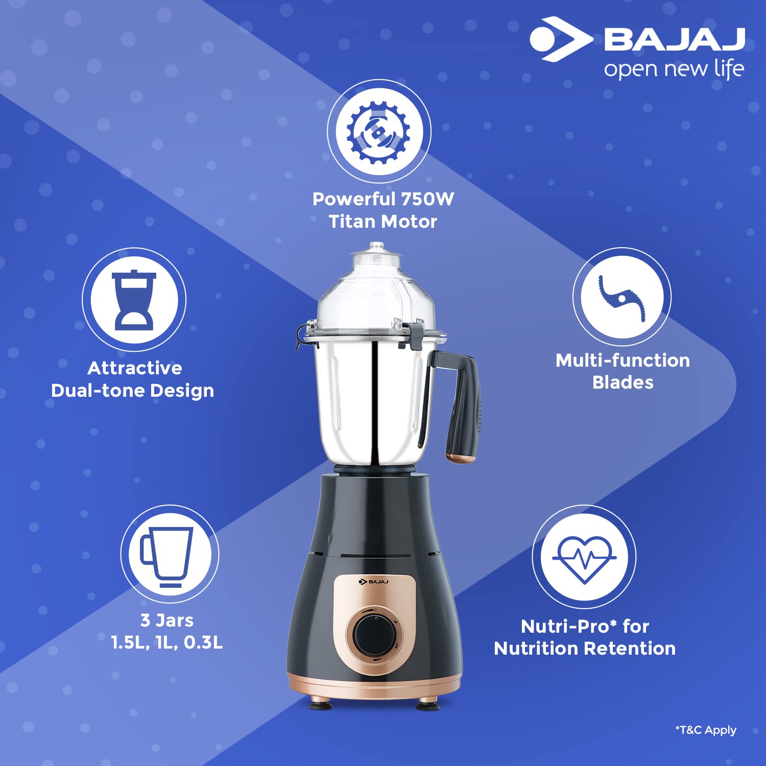 Bajaj GX 3701 750 Mixer Grinder (3 Jars, Black, Gold) - Image 2