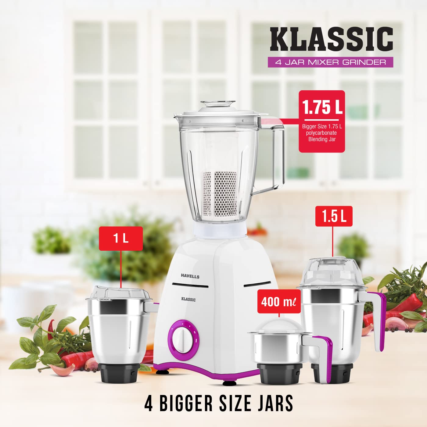 Havells GHFMGDVV075 Klassic 750 W Juicer Mixer Grinder (4 Jars, White - Lavender) - Image 3