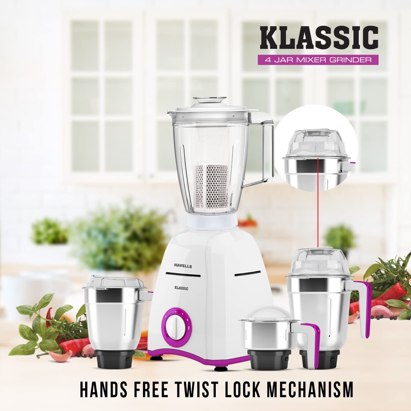 Havells GHFMGDVV075 Klassic 750 W Juicer Mixer Grinder (4 Jars, White - Lavender) - Image 2