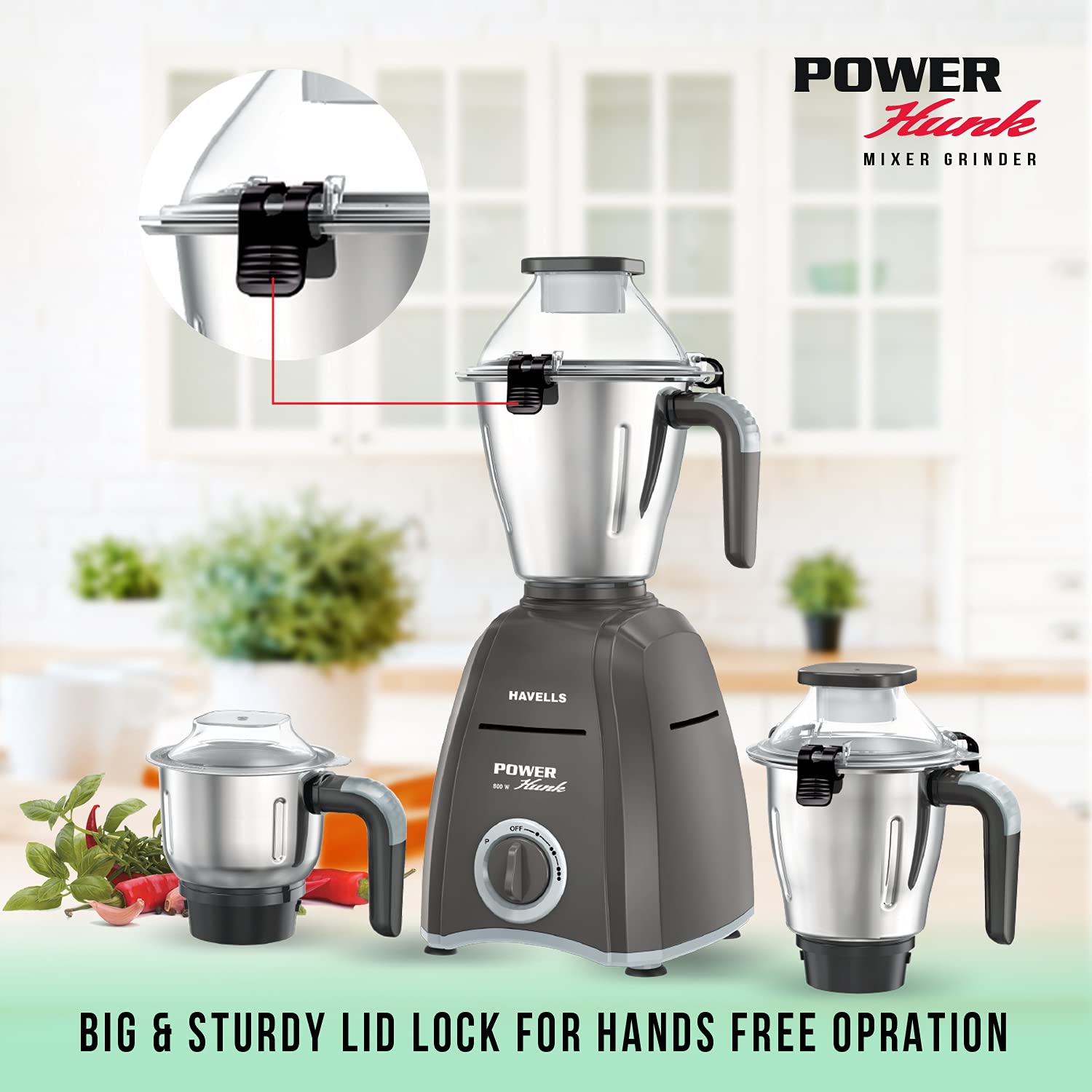 Havells GHFMGDPK080 1 800 Mixer Grinder (4 Jars, Grey) - Image 2