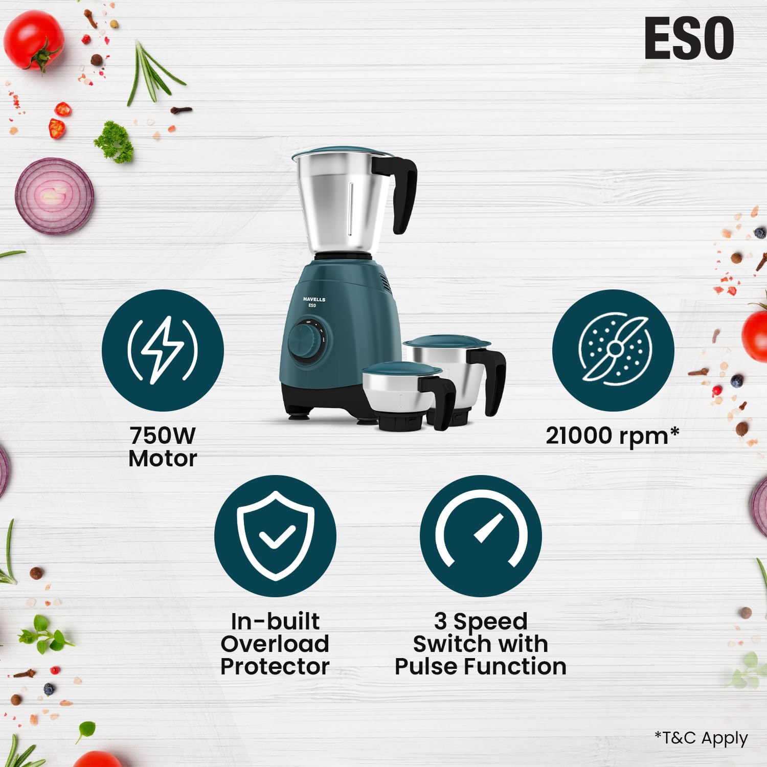 Havells ESO 3 jar GHFMGELG075 750 Mixer Grinder (3 Jars, Green) - Image 3