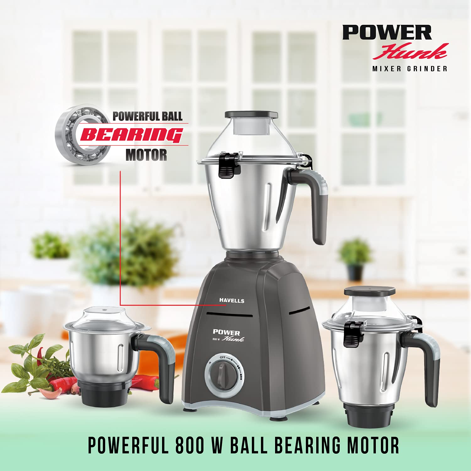 Havells Power Hunk 800 Mixer Grinder (3 Jars, Grey) - Image 3