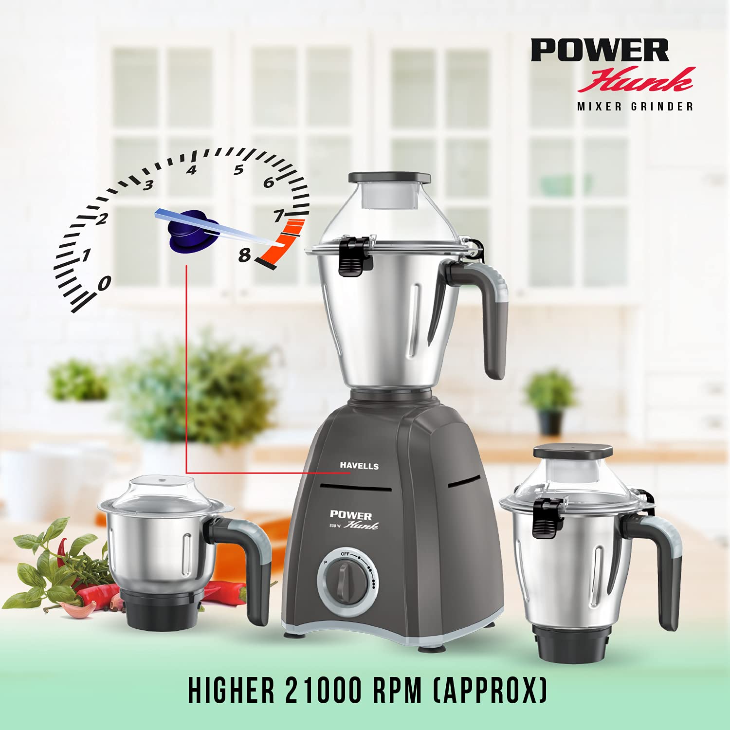 Havells Power Hunk 800 Mixer Grinder (3 Jars, Grey) - Image 2