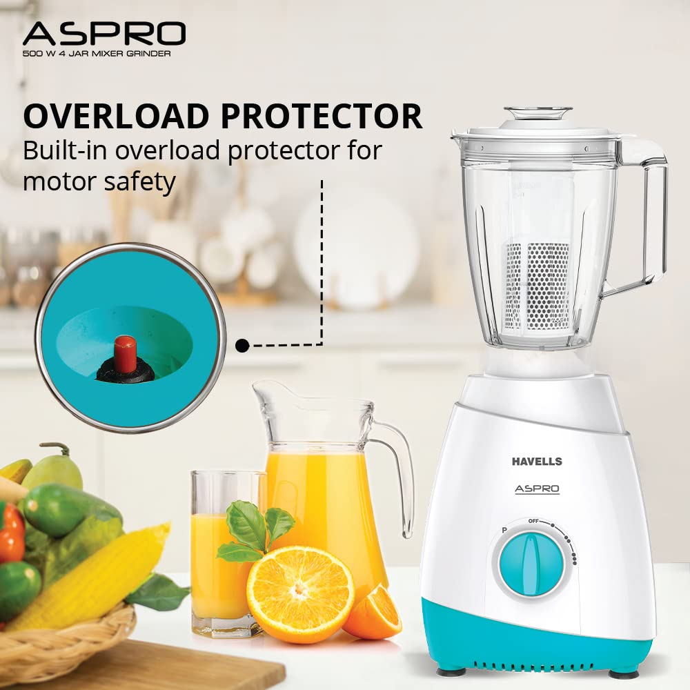 Havells Aspro 500 W Mixer Grinder (4 Jars, White, Light Blue) - Image 2