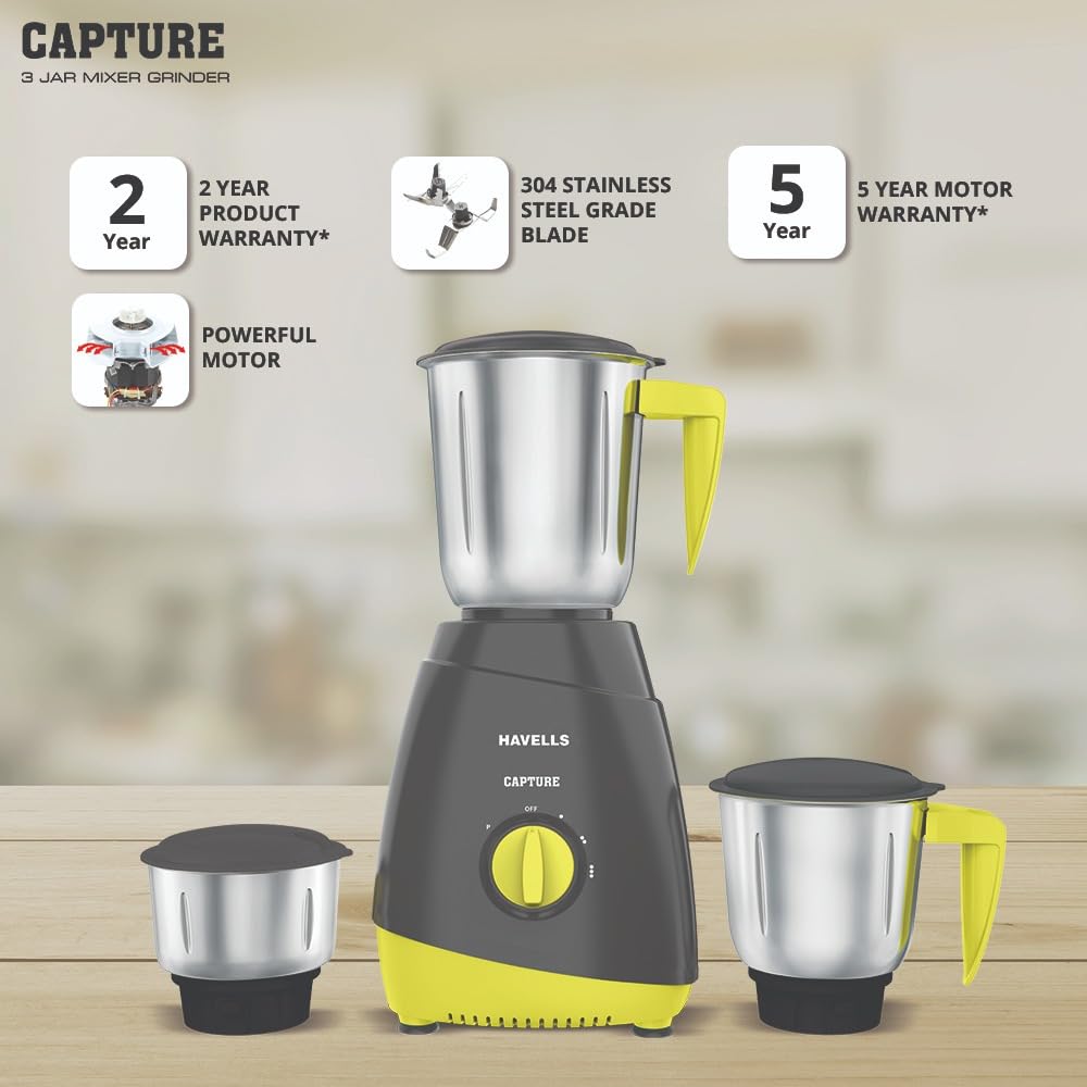 Havells Capture 500 W Mixer Grinder (3 Jars, Grey and Green) - Image 3