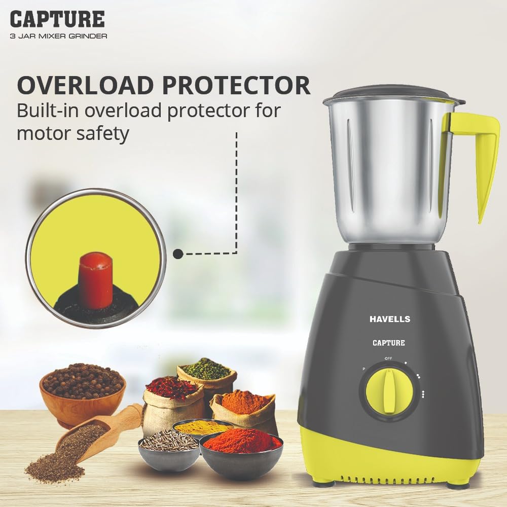 Havells Capture 500 W Mixer Grinder (3 Jars, Grey and Green) - Image 2