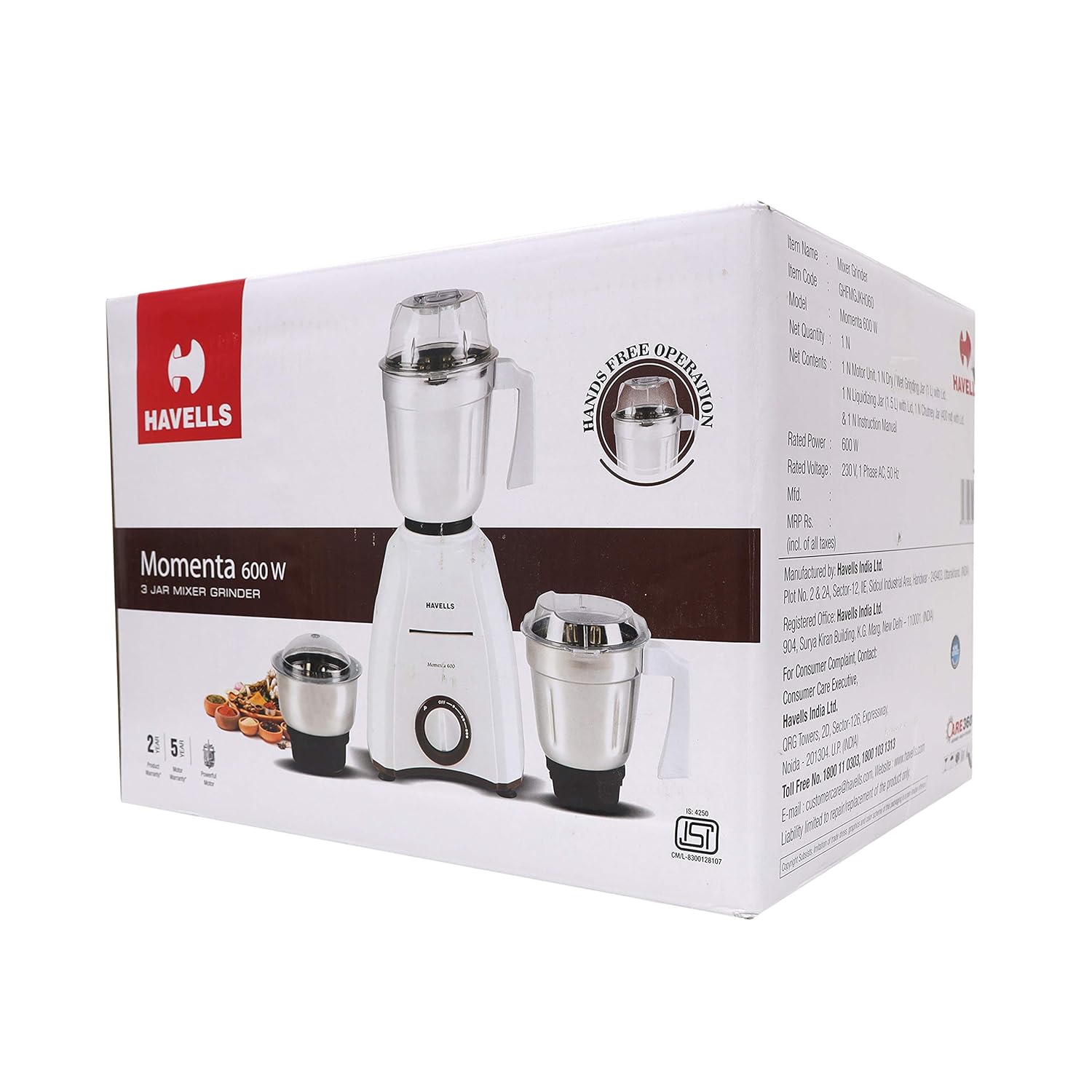 Havells Momenta 600 W Juicer Mixer Grinder (3 Jars, White) - Image 2