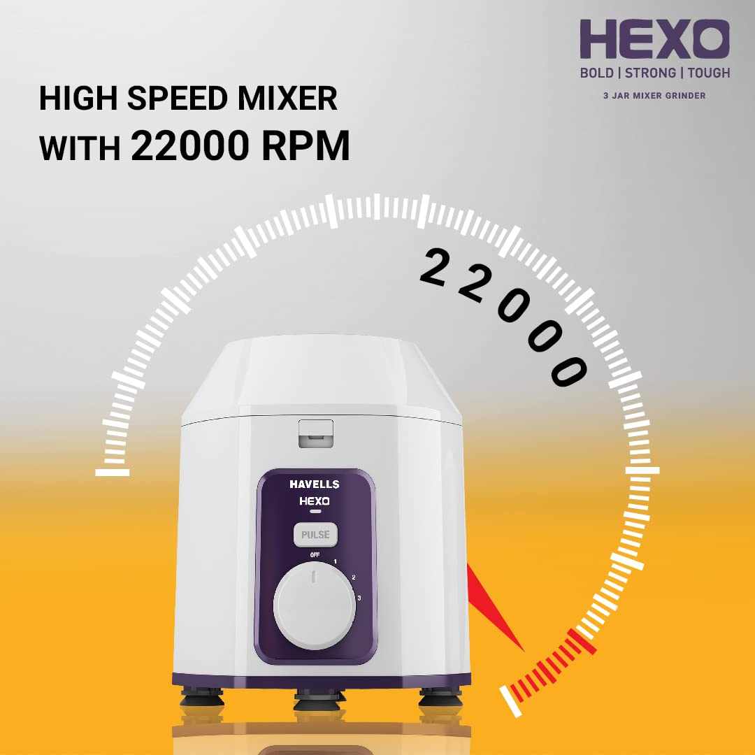 Havells HEXO BLEND 1000 Mixer Grinder (3 Jars, White) - Image 3