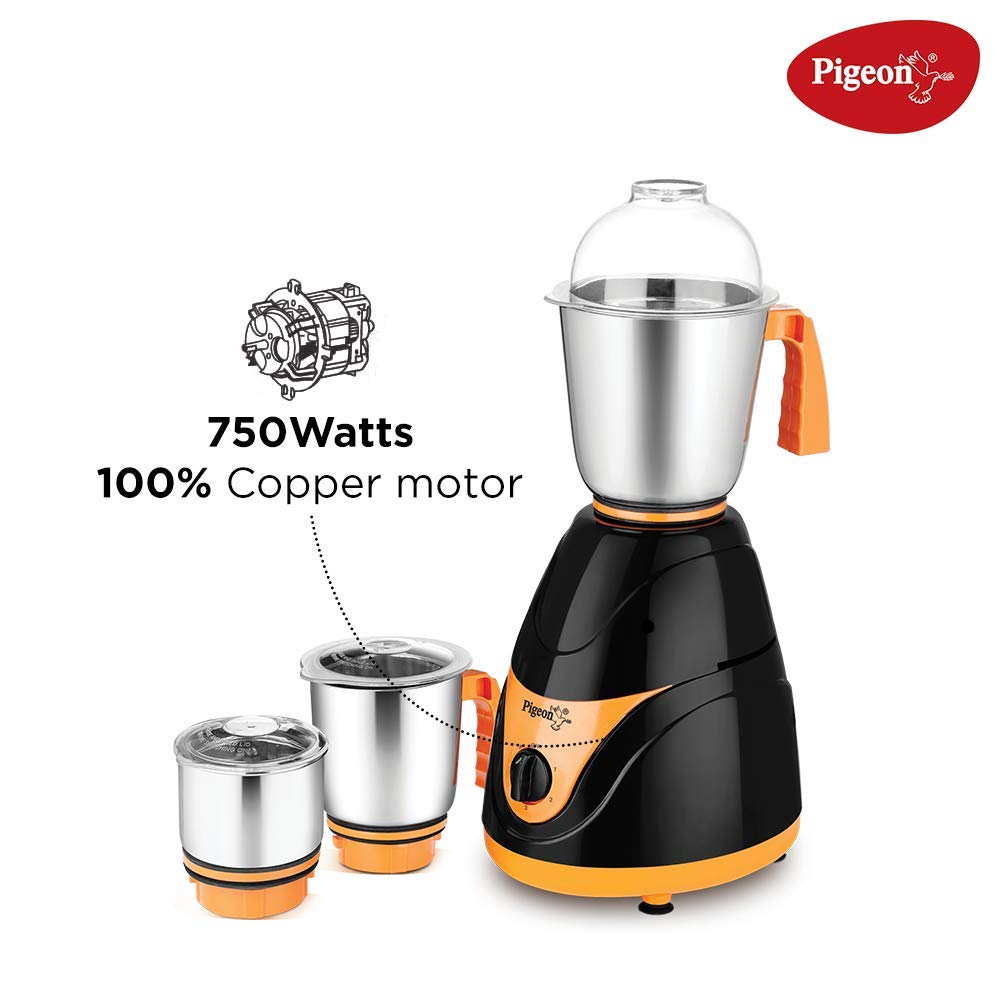 Pigeon Black Pearl MX7 - 3 SS Jars 750 W Mixer Grinder (3 Jars, Black, Orange) - Image 3