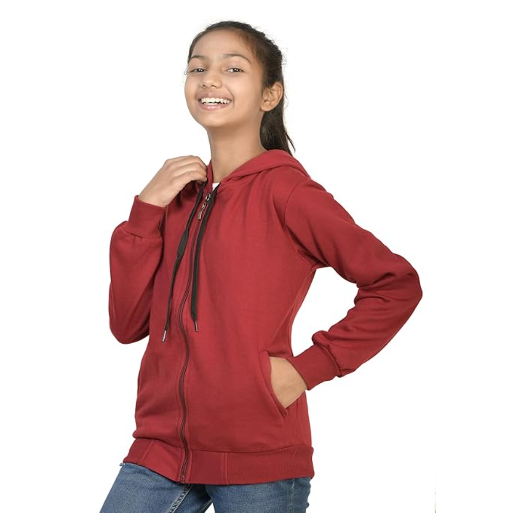 Girl's Full Sleeves Zip Maroon Hooded - Image 3