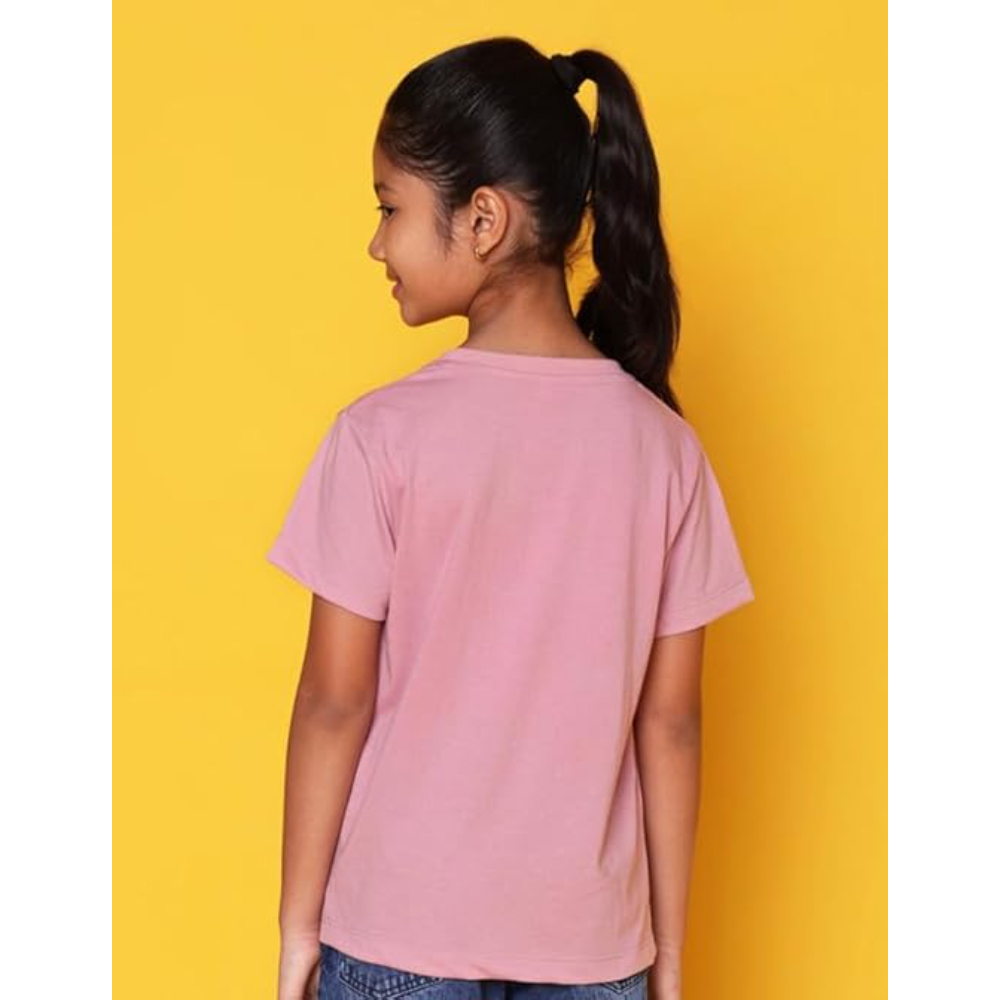 Girls Cotton Round Neck Pink T-shirt - Image 3