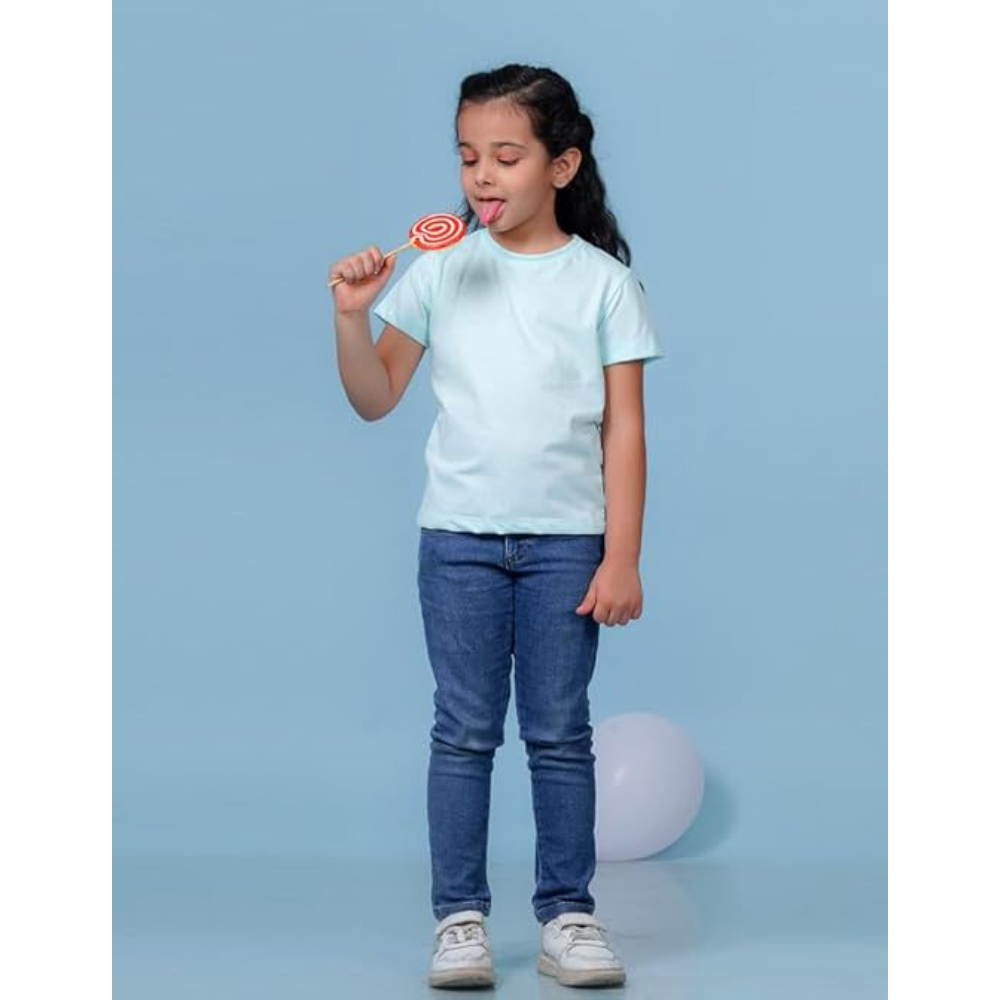 Girls Cotton Round Neck Powder Blue T-shirt - Image 3