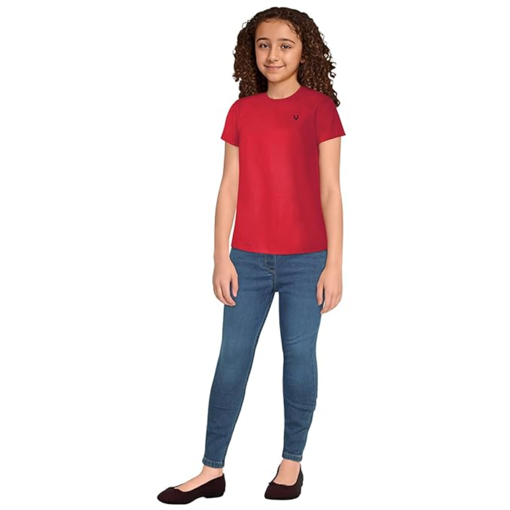 Girls Plain Cotton Red T-Shirt - Image 3