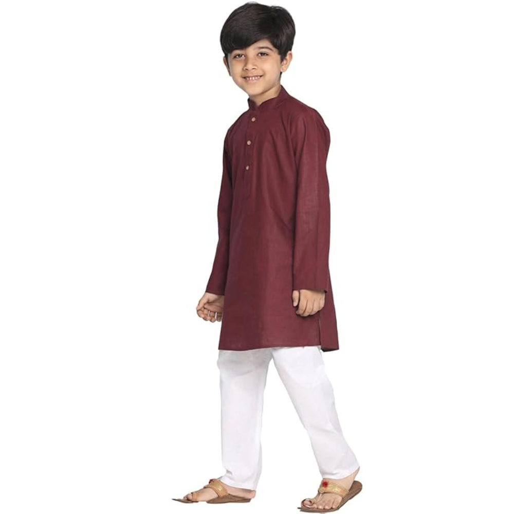 Boys Solid Plain Maroon Cotton Kurta - Image 3