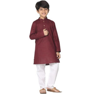 Boys Solid Plain Maroon Cotton Kurta