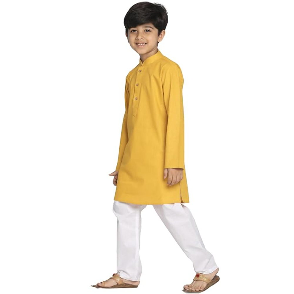 Boys Solid Plain Yellow Cotton Kurta - Image 3