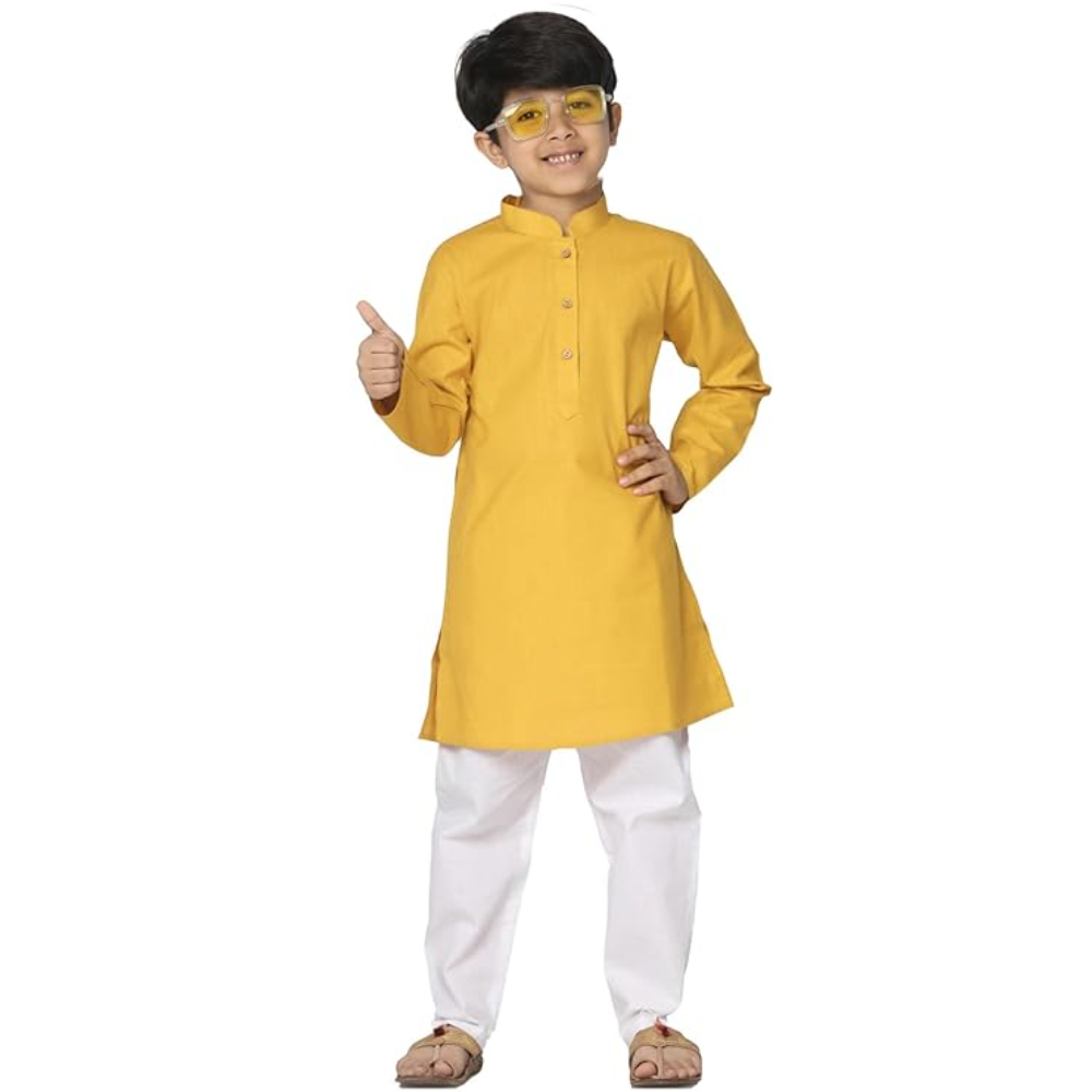 Boys Solid Plain Yellow Cotton Kurta
